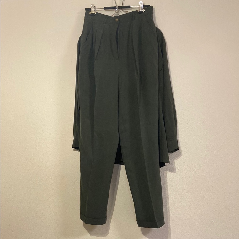 Vintage Preview Collection Silk Dark Green Button-Up Shirt and Pants Set - Picture 4 of 5